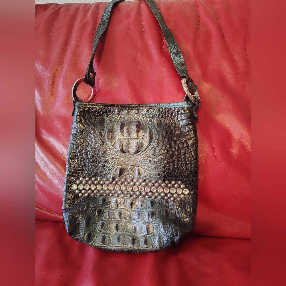 Raviani Black Crocodile-Embossed Shoulder Bag with Pearl Accents